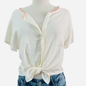 HESTER & ORCHARD- LINEN BLEND Cream Button-Down Shirt with Tie-Front